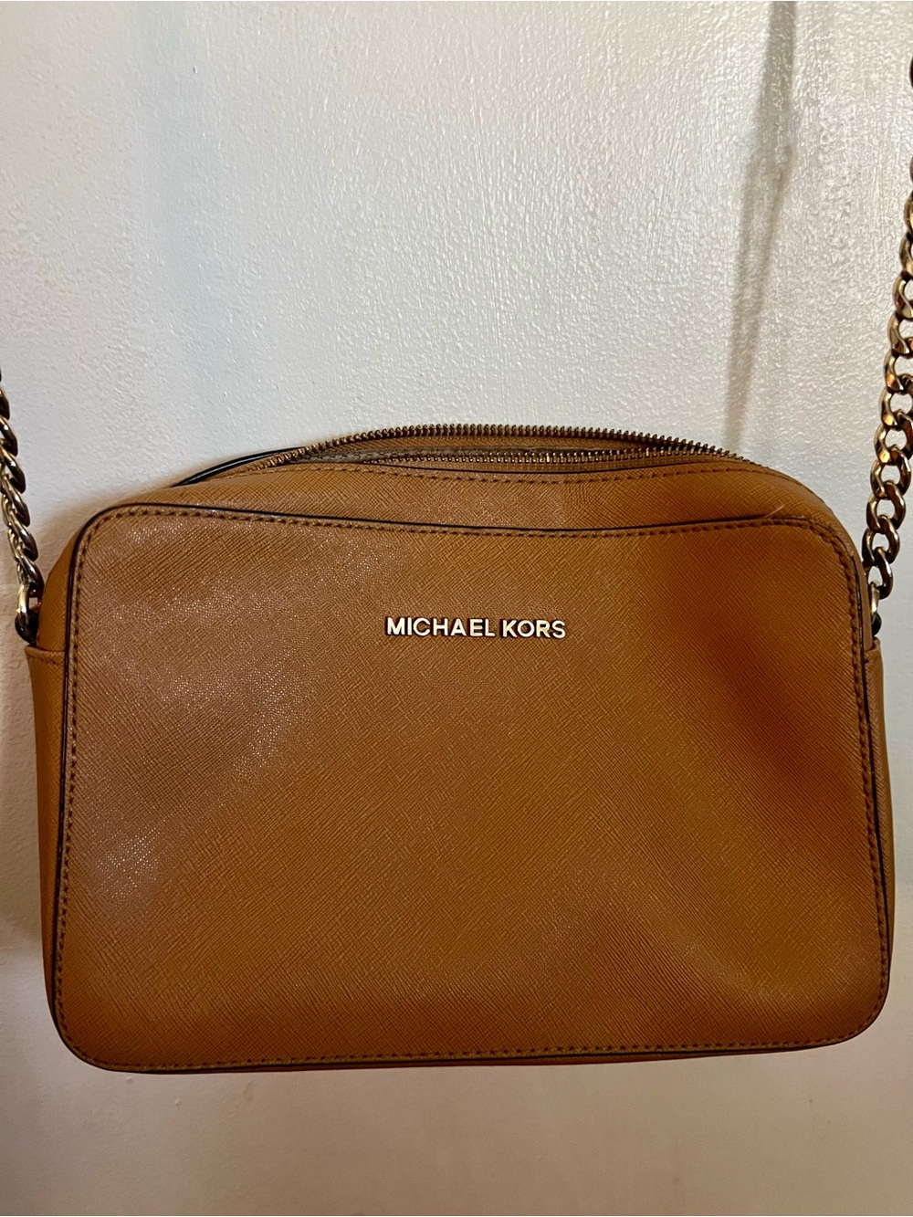 MICHAEL KORS Camel Saffiano Crossbody with Gold Chain
